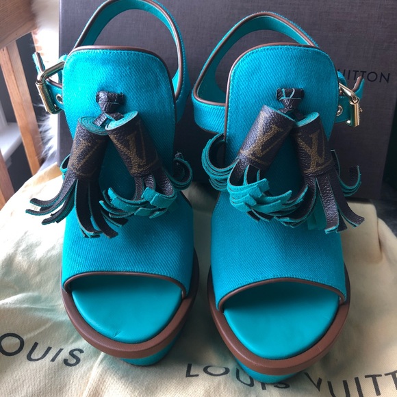 Louis Vuitton Turquoise Destination Wedges 36 New - Picture 2 of 8
